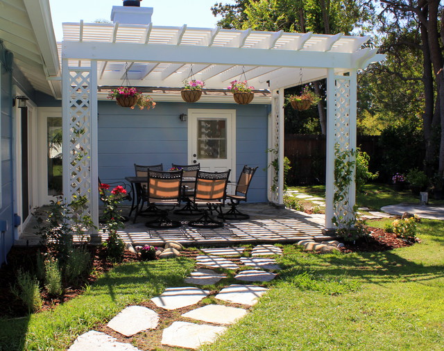 Pergola over Flagstone Patio with Lattice Detail Traditional Patio