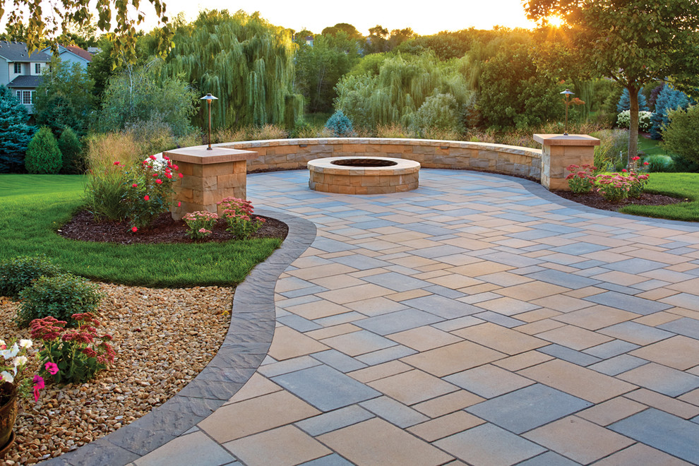 Picturesque Patio Paver patio, fire pit and curved seat wall