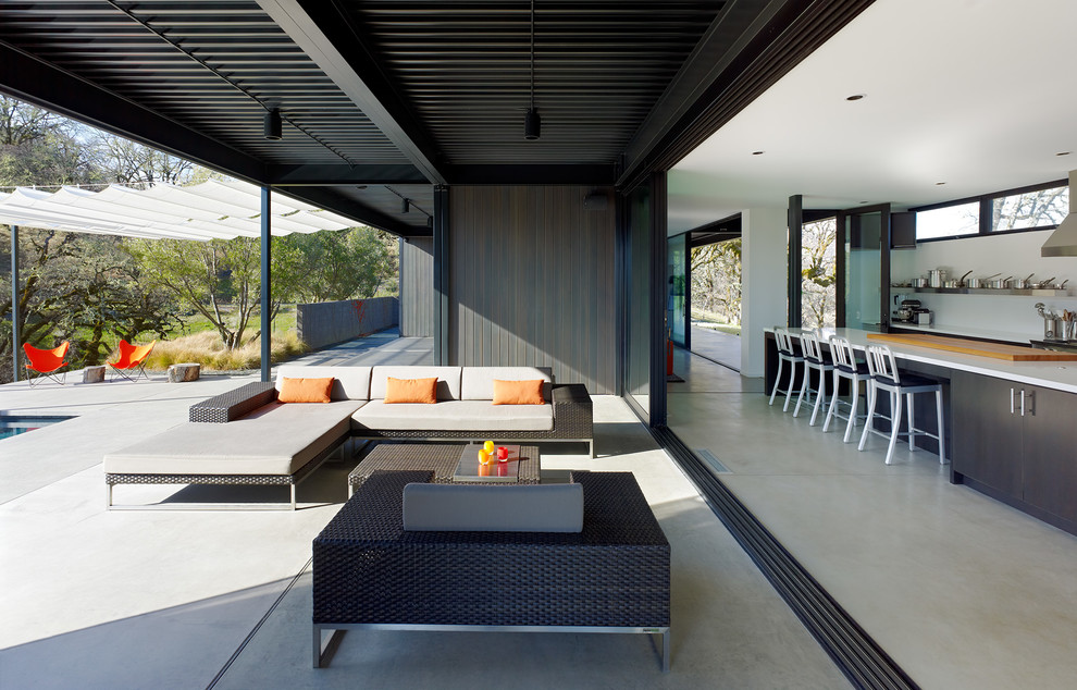 Immagine di un patio o portico moderno con lastre di cemento e un tetto a sbalzo