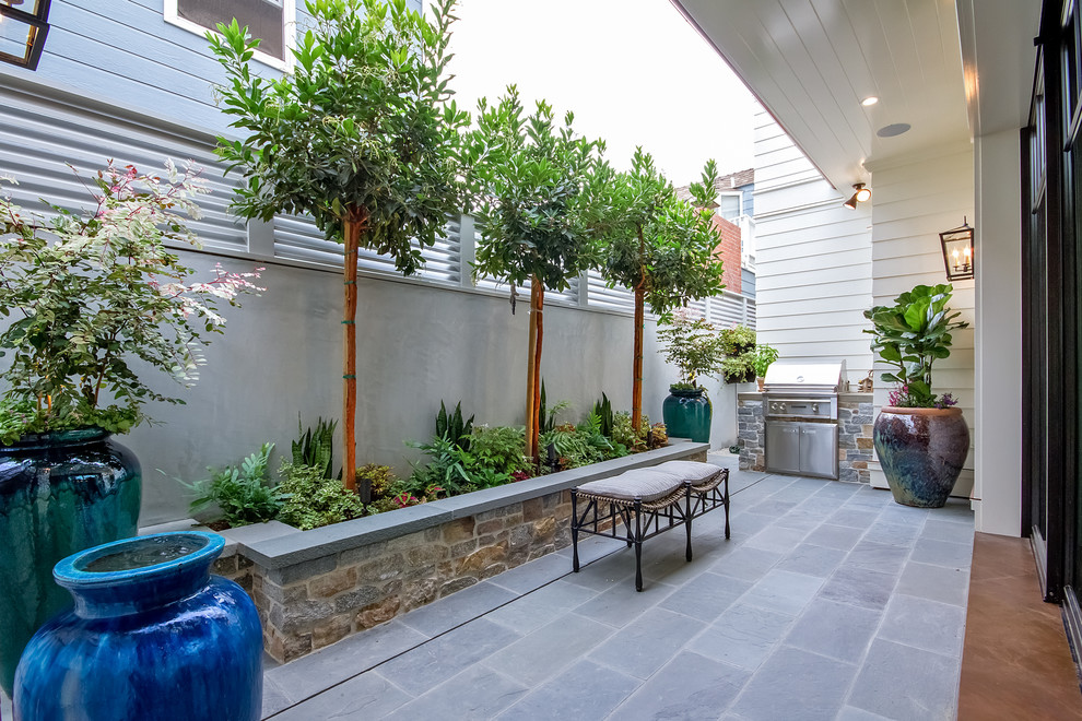 Immagine di un patio o portico tradizionale di medie dimensioni con un giardino in vaso e lastre di cemento