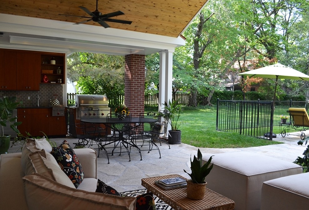Inspiration for a mid-sized timeless backyard stone patio kitchen remodel in St Louis with a roof extension