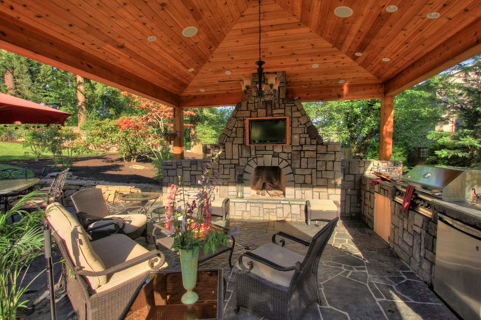 Inspiration for a mediterranean patio in Portland with a gazebo and a bbq area.