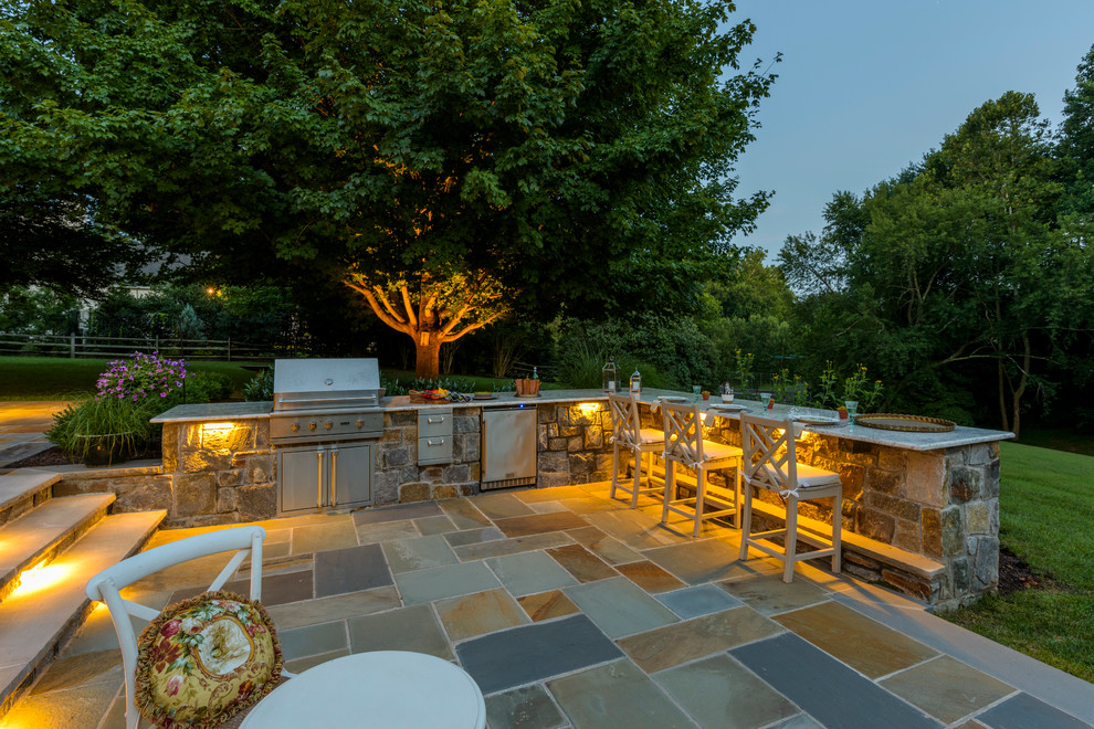 Inspiration for a mid-sized timeless backyard stone patio remodel in DC Metro with no cover