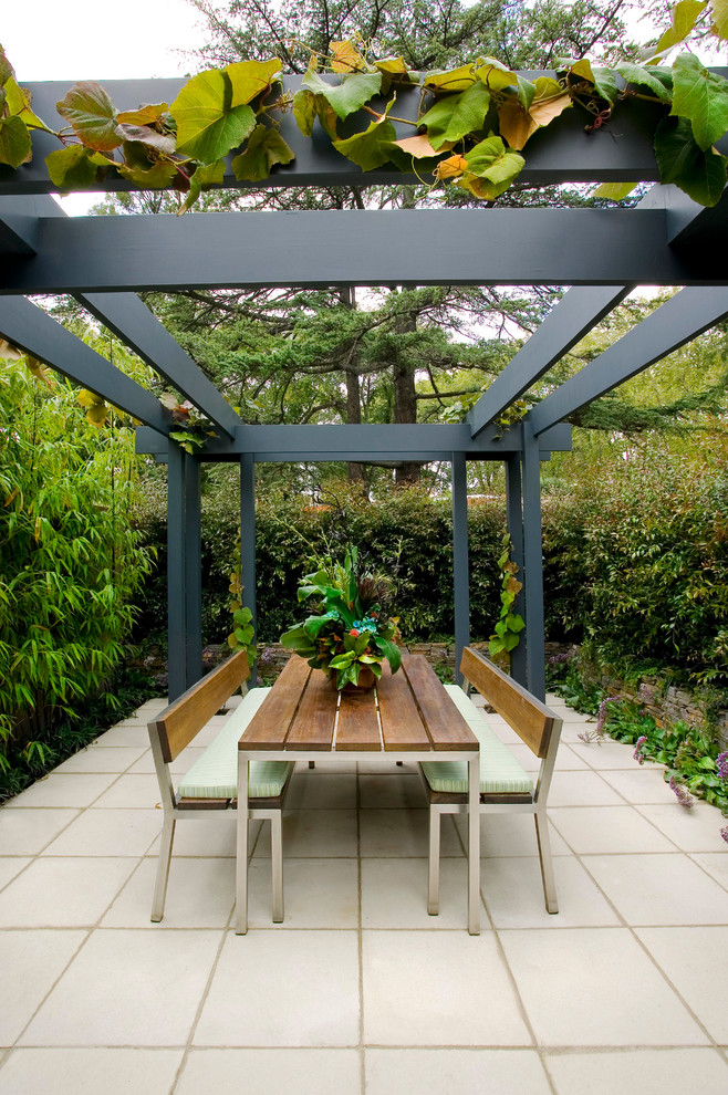 Ejemplo de patio contemporáneo pequeño en patio trasero con adoquines de hormigón y pérgola