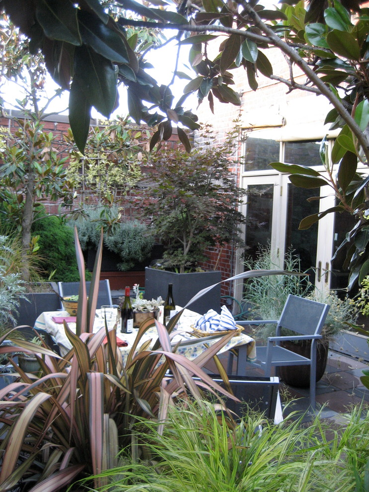 Источник вдохновения для домашнего уюта: маленький двор на внутреннем дворе в современном стиле с растениями в контейнерах и мощением тротуарной плиткой для на участке и в саду