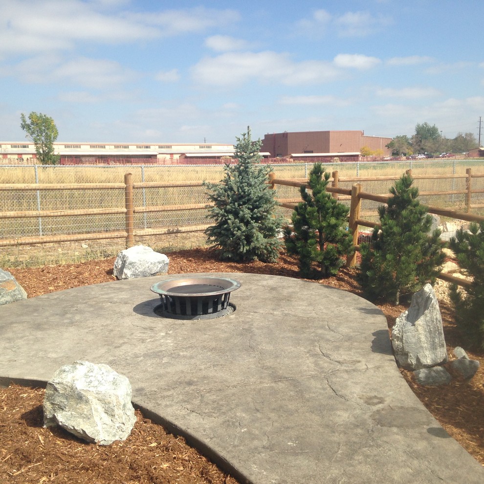 Patio - small craftsman backyard stamped concrete patio idea in Denver with a fire pit and no cover