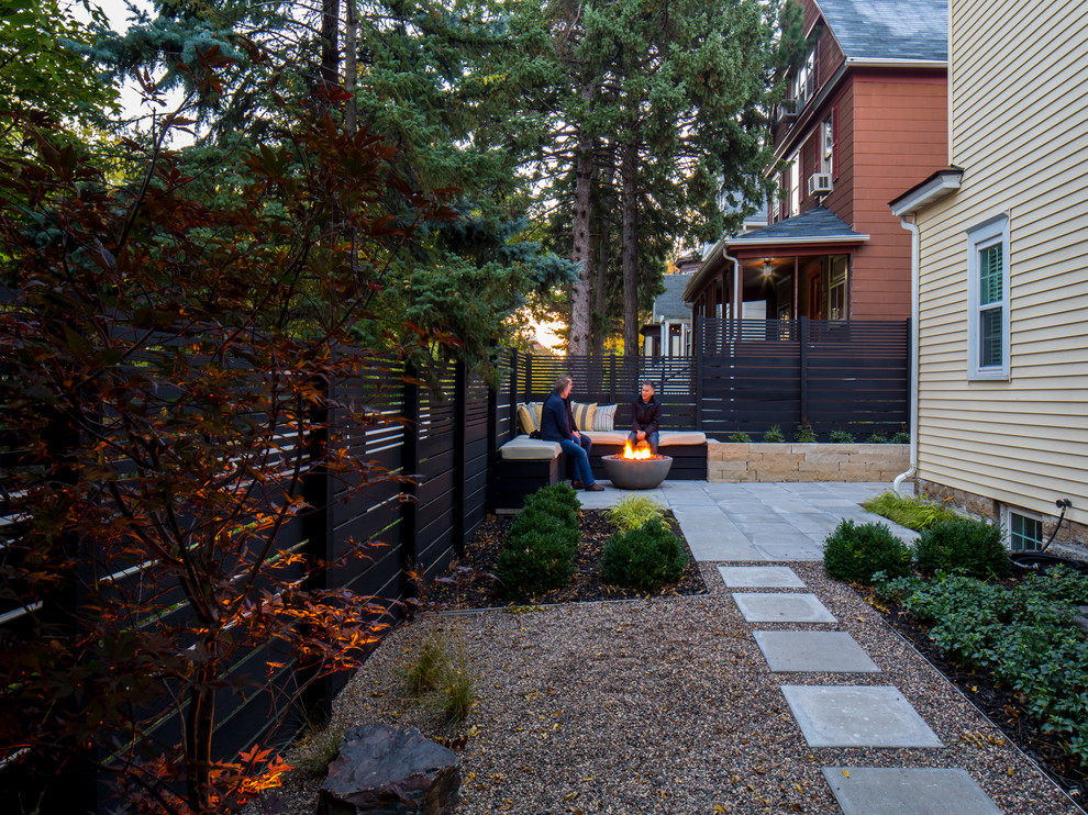 Patio - contemporary side yard patio idea in Minneapolis with a fire pit and no cover