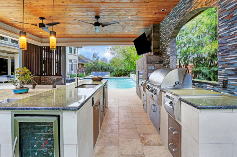 Patio kitchen - mid-sized traditional backyard tile patio kitchen idea in Houston with a gazebo