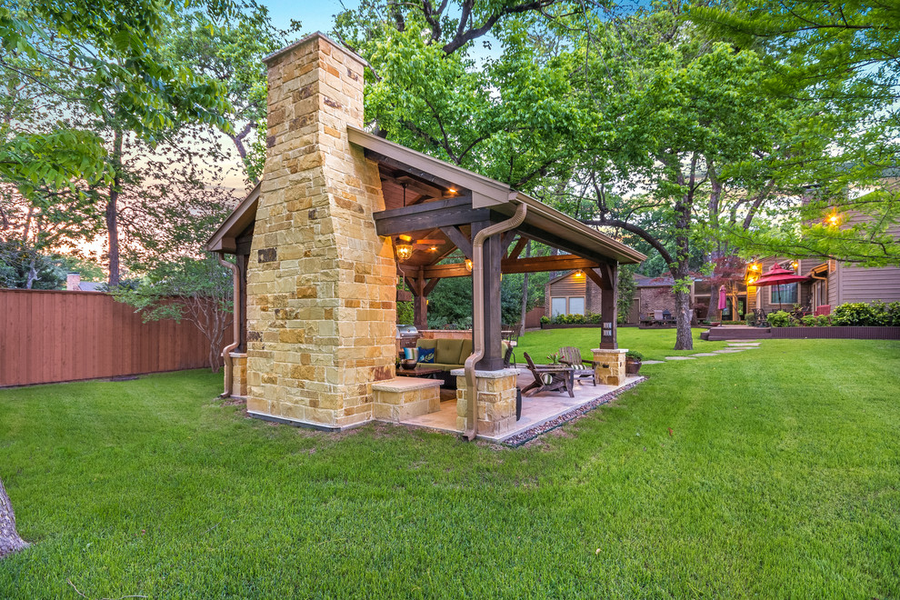 Patio kitchen - mid-sized rustic backyard tile patio kitchen idea in Houston with a gazebo
