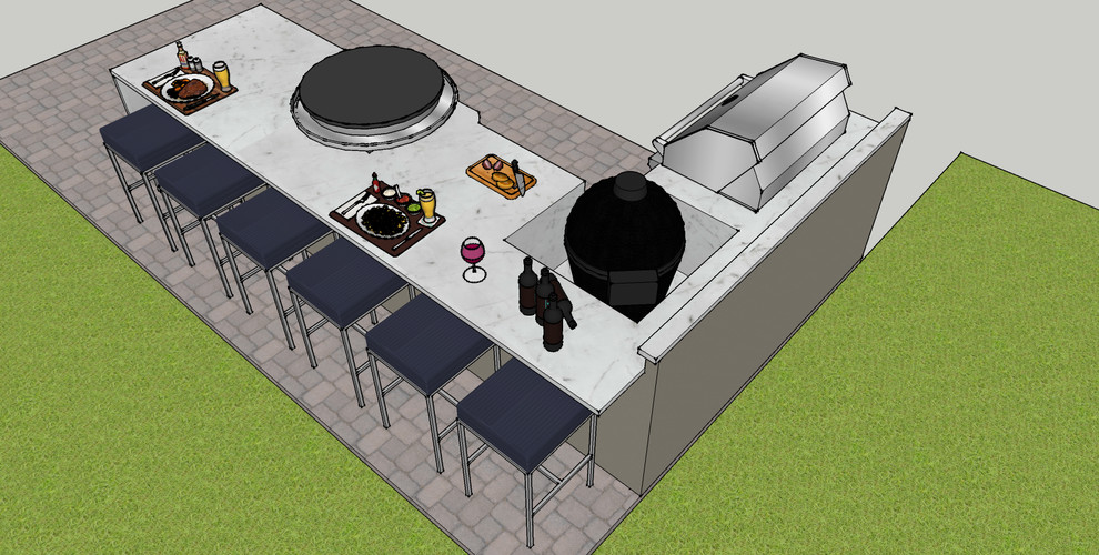 Aménagement d'une grande terrasse arrière contemporaine avec une cuisine d'été, des pavés en brique et un auvent.