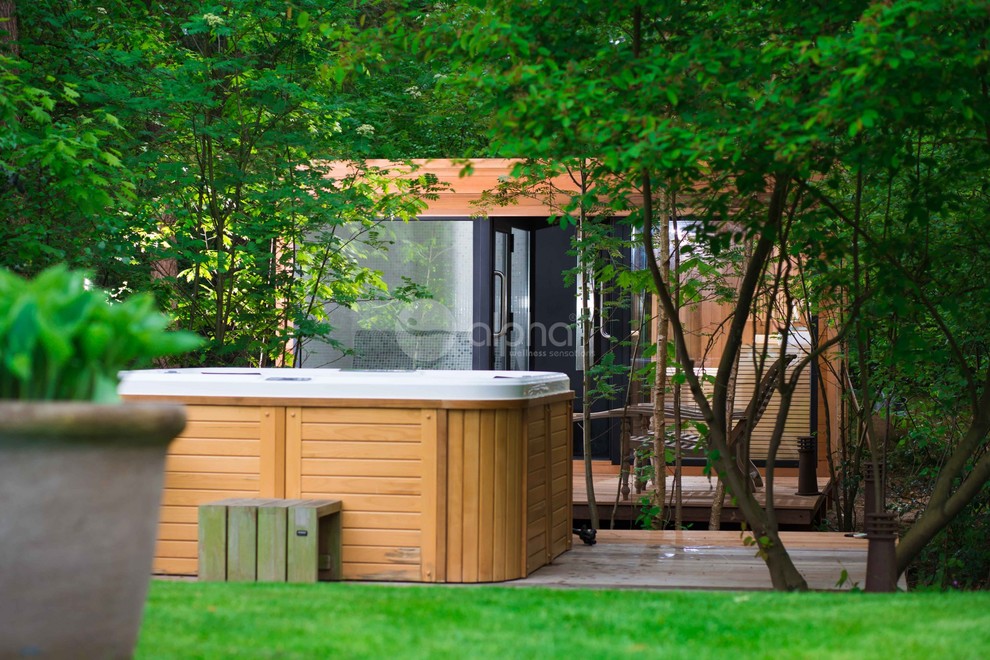 Идея дизайна: двор среднего размера на заднем дворе в современном стиле с летним душем, настилом и навесом