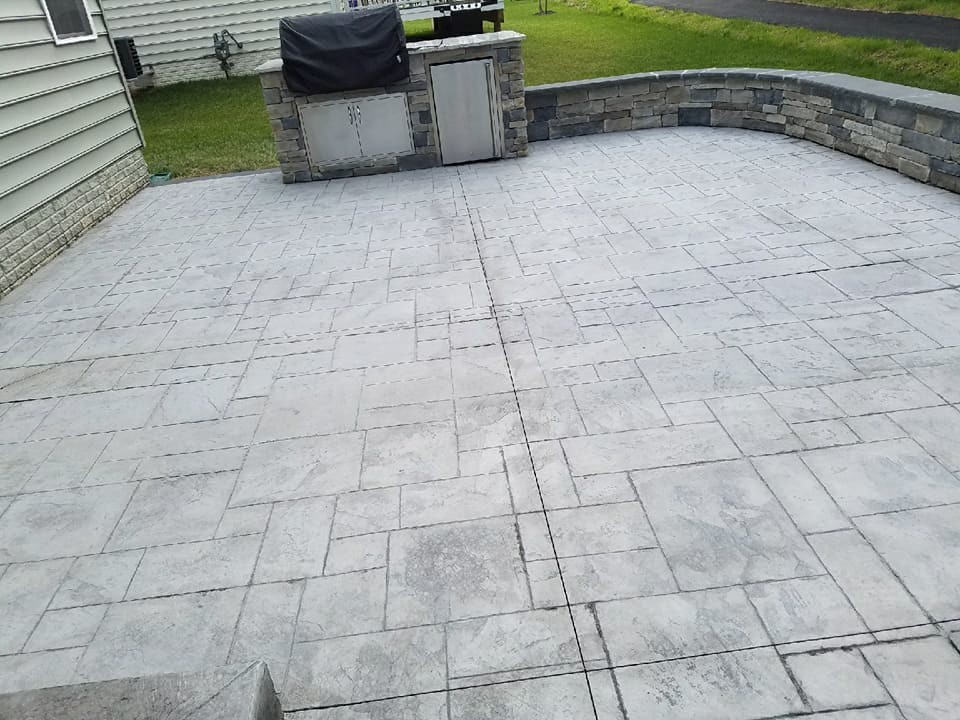 Design ideas for a large classic back patio in Other with an outdoor kitchen, stamped concrete and no cover.