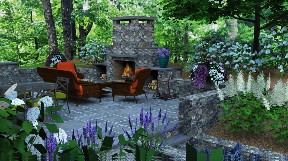 Diseño de patio tradicional de tamaño medio en patio trasero con cocina exterior y adoquines de piedra natural
