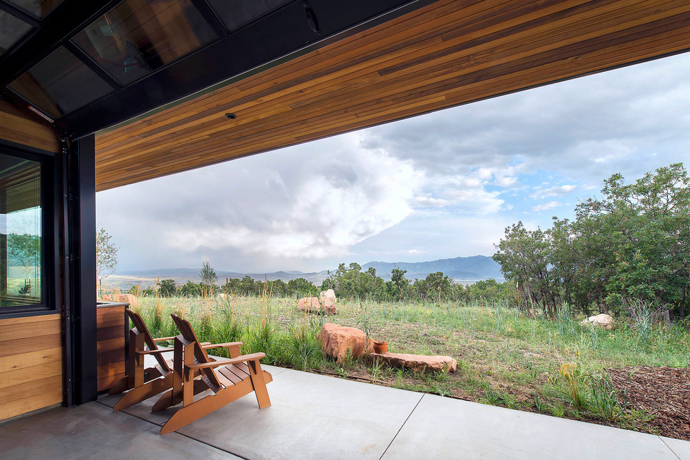 Cette image montre une terrasse latérale minimaliste avec une dalle de béton et une extension de toiture.