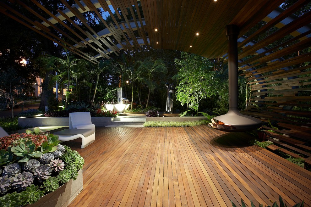 Patio - contemporary patio idea in Melbourne with a fire pit