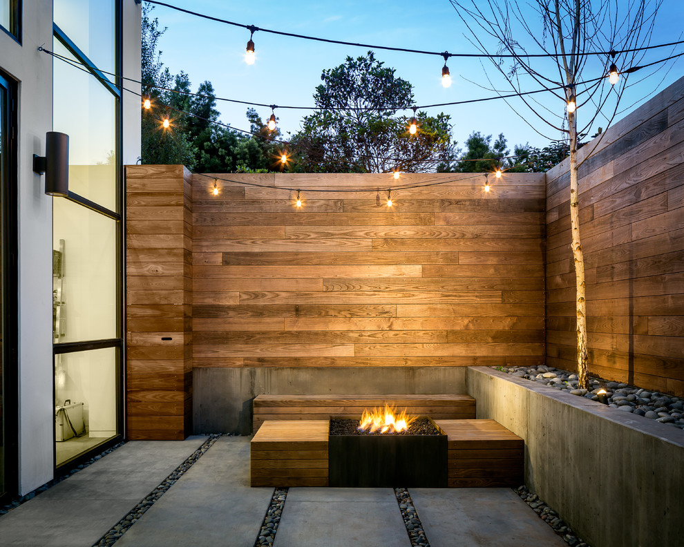 Réalisation d'une terrasse arrière minimaliste de taille moyenne avec un foyer extérieur, une dalle de béton et aucune couverture.