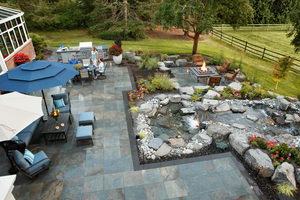 Inspiration for a contemporary back patio in Seattle with a fire feature and natural stone paving.
