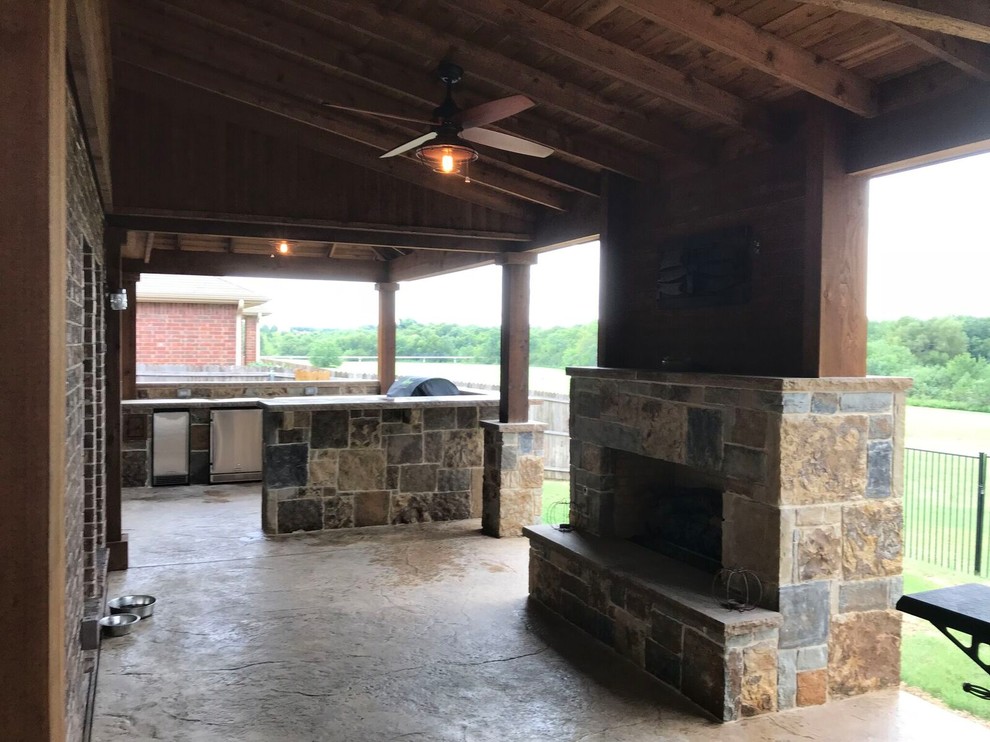 Rockwall Hip patio cover, stamped concrete, 20' stone kitchen and