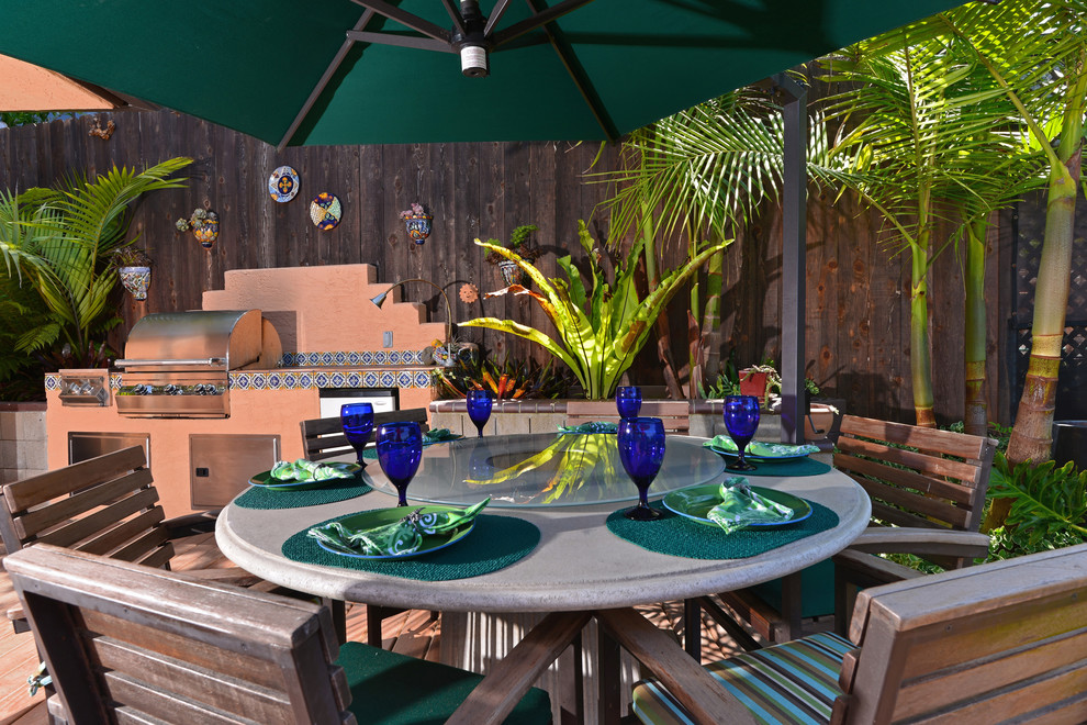 This is an example of a world-inspired patio in San Diego with decking, no cover and a bbq area.