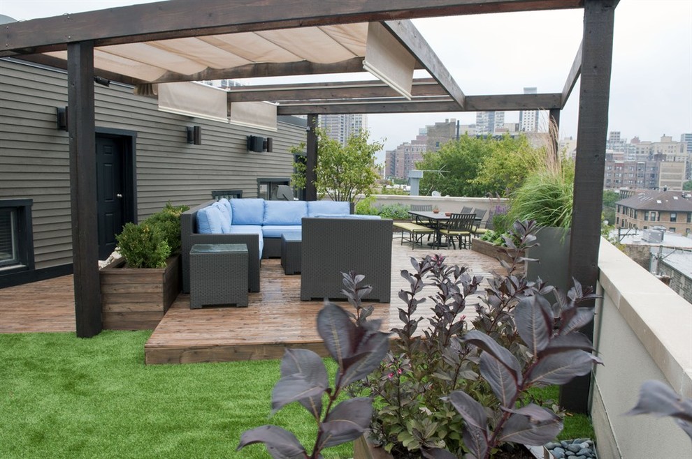 rooftop patio with canopies between wood beams, Chicago Contemporary