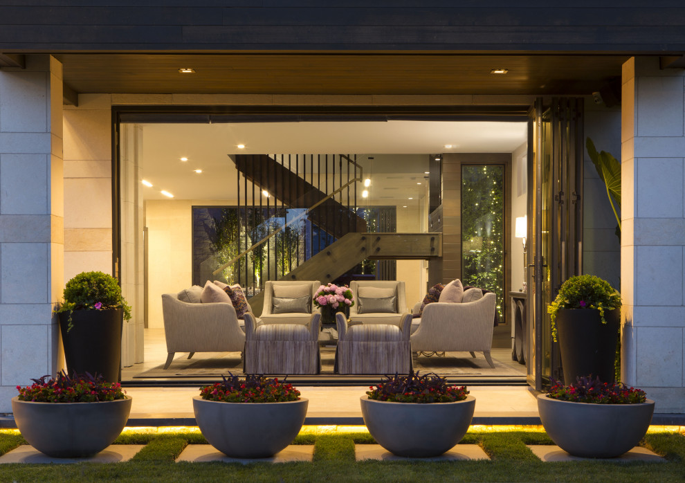 Ispirazione per un grande patio o portico minimal in cortile con un giardino in vaso e pavimentazioni in pietra naturale