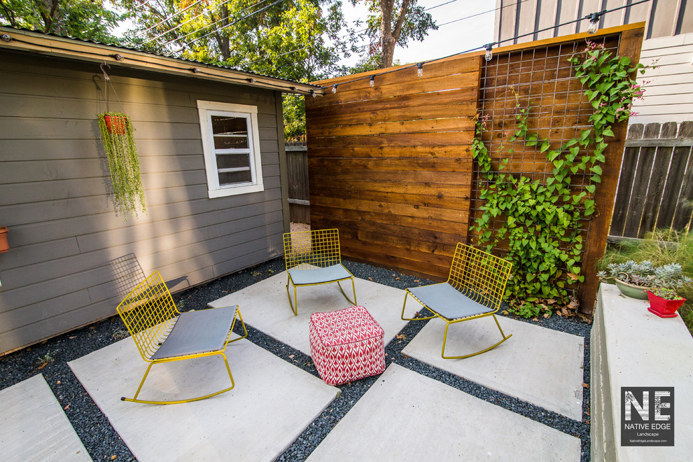 Diseño de patio moderno de tamaño medio en patio trasero con jardín vertical y adoquines de hormigón