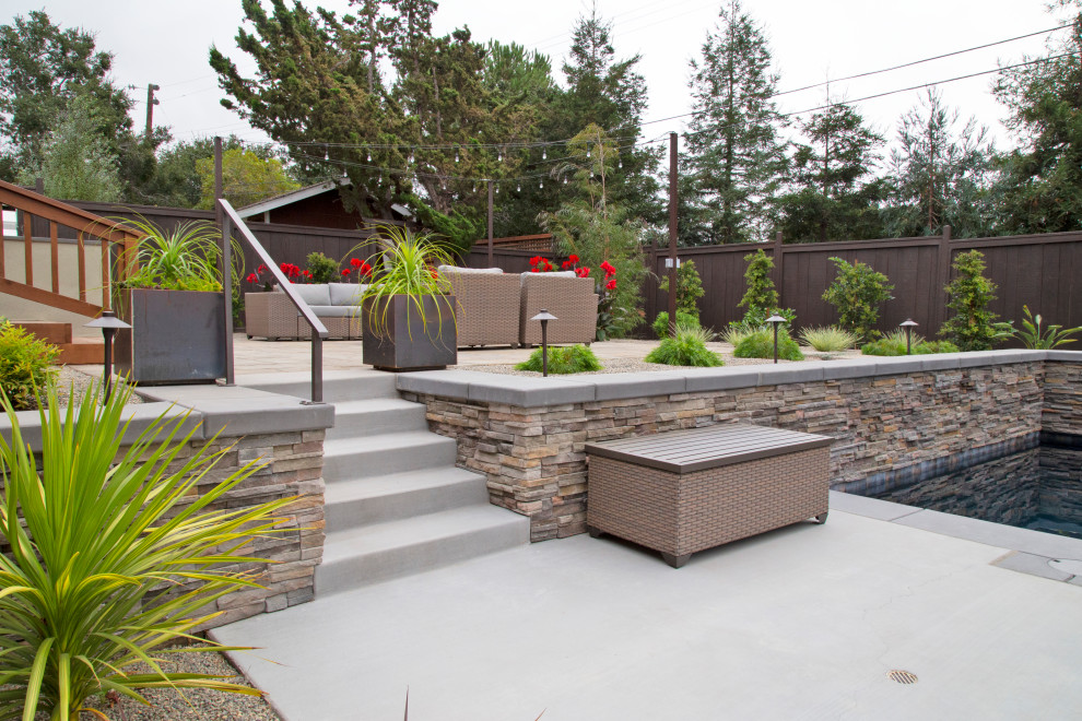 Großer Moderner Patio hinter dem Haus mit Kübelpflanzen, Betonplatten und Gazebo in San Luis Obispo