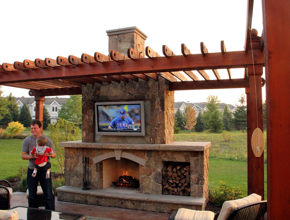 Rustic Outdoor Living Room with Fireplace Traditional Patio