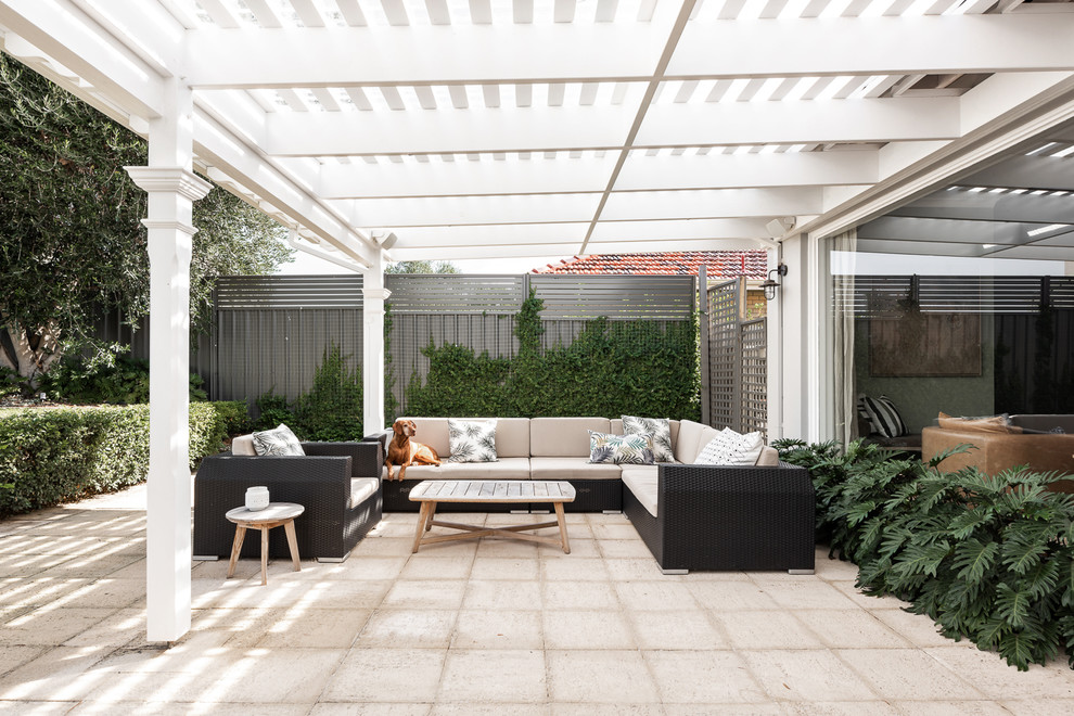 Immagine di un patio o portico minimal dietro casa con pavimentazioni in cemento e una pergola