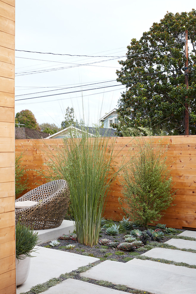 Mittelgroßer, Überdachter Mid-Century Patio hinter dem Haus mit Feuerstelle und Betonplatten in San Francisco