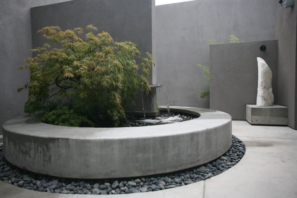 Идея дизайна: двор в современном стиле с фонтаном