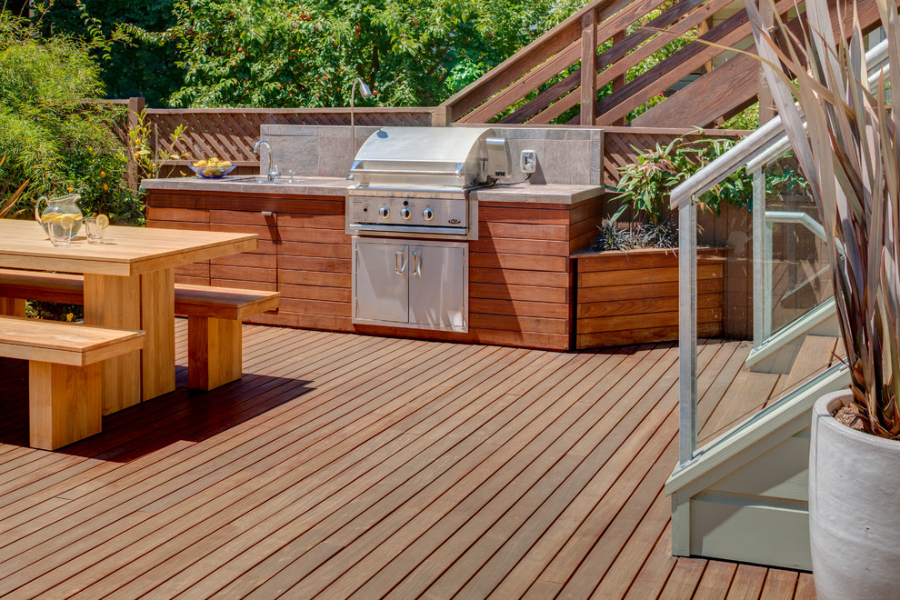 Inspiration for a traditional patio in San Francisco with an outdoor kitchen, decking and no cover.