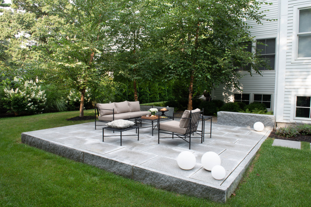 Идея дизайна: большой двор на заднем дворе в современном стиле с покрытием из плитки без защиты от солнца