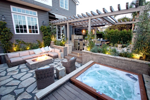 sustainable outdoor living space with jacuzzi