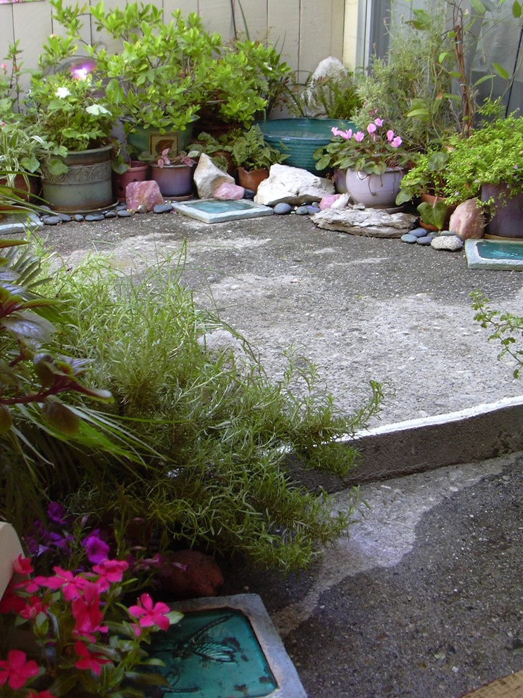 Immagine di un piccolo patio o portico eclettico dietro casa con un giardino in vaso, lastre di cemento e un parasole