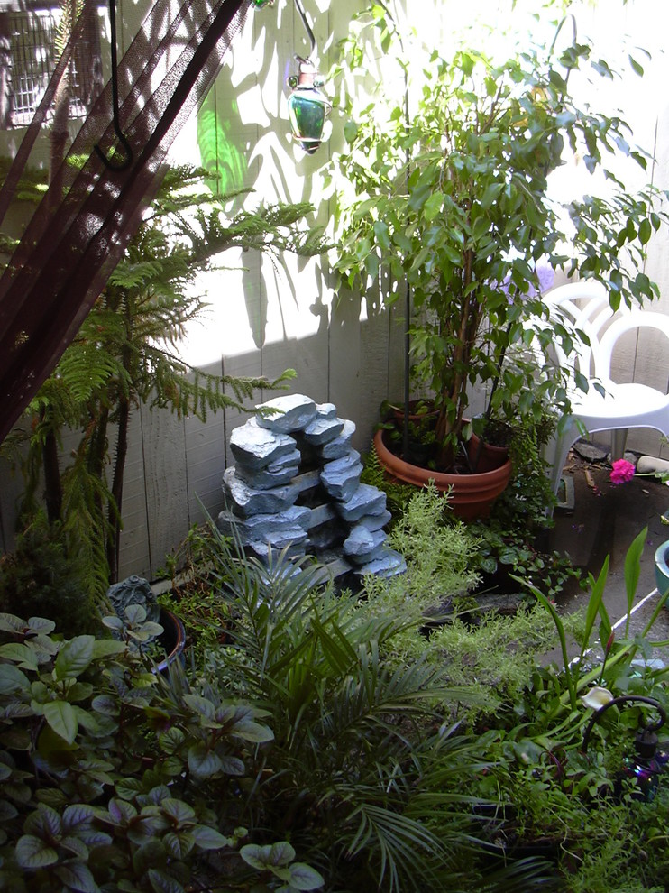 Esempio di un piccolo patio o portico boho chic dietro casa con un giardino in vaso, lastre di cemento e un parasole