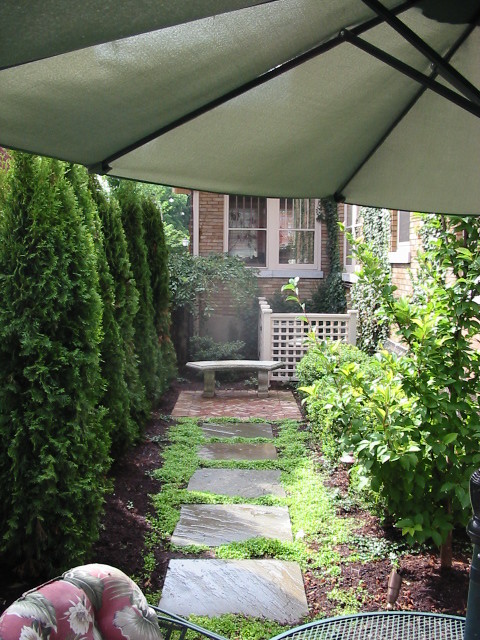Immagine di un patio o portico american style di medie dimensioni e nel cortile laterale con fontane e pavimentazioni in mattoni