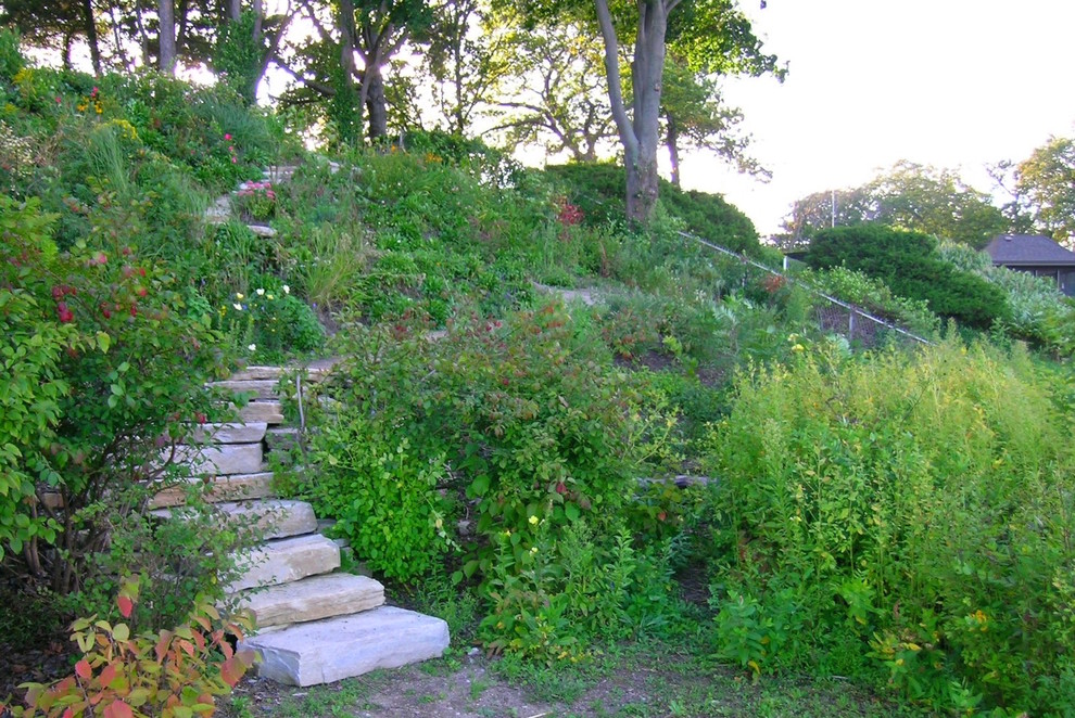 На фото: большой осенний засухоустойчивый сад на склоне в стиле фьюжн с подпорной стенкой, полуденной тенью и покрытием из каменной брусчатки