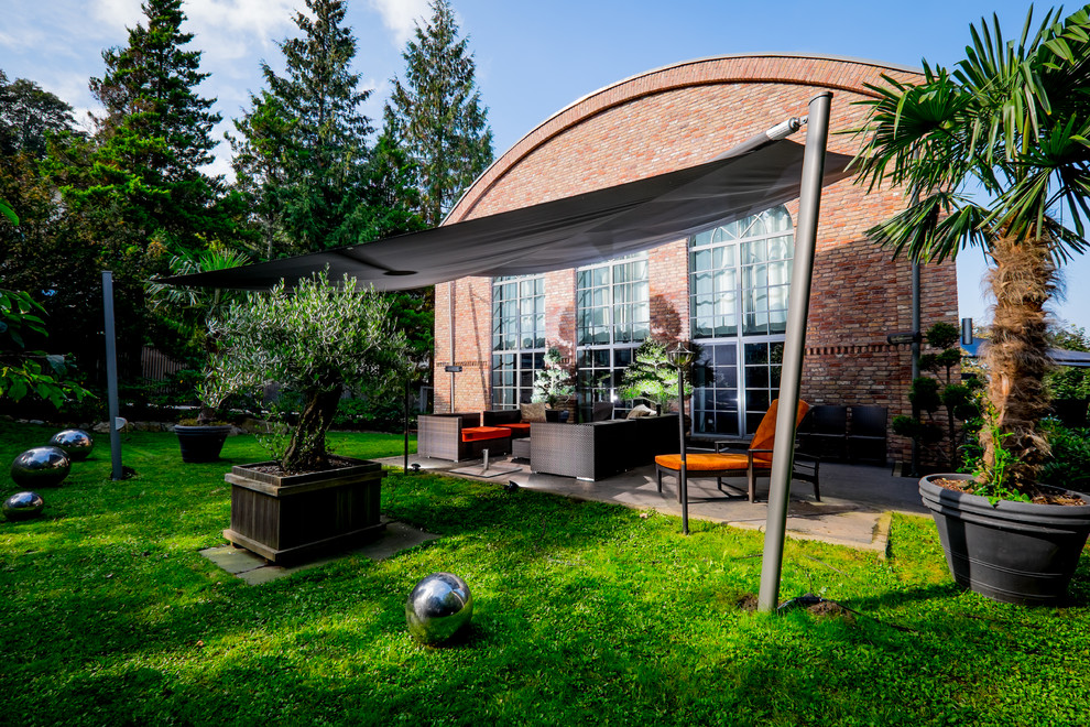 Foto di un patio o portico industriale dietro casa con un parasole e un giardino in vaso
