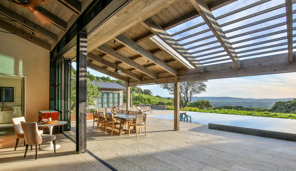 Country backyard patio photo in San Francisco with a roof extension