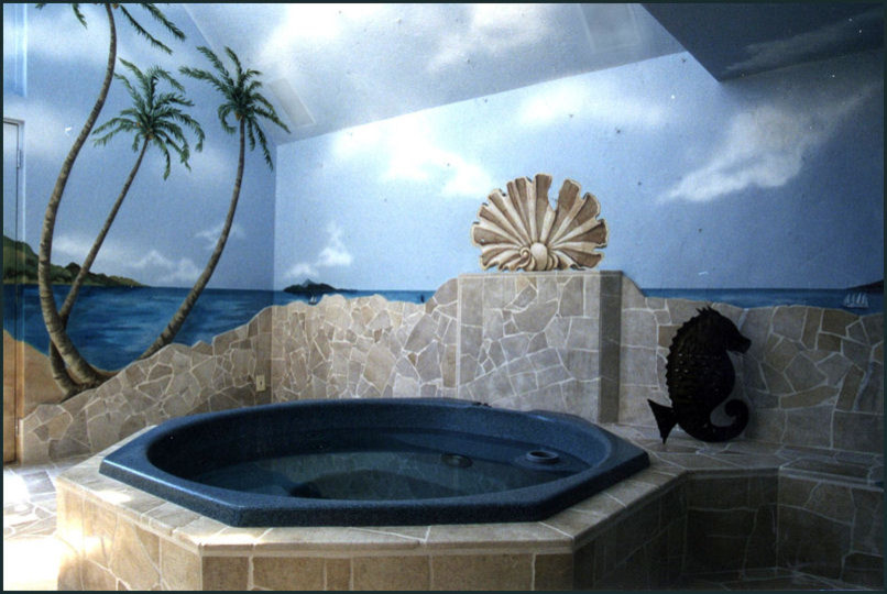 Exemple d'une très grande terrasse latérale exotique avec un point d'eau, des pavés en pierre naturelle et une extension de toiture.