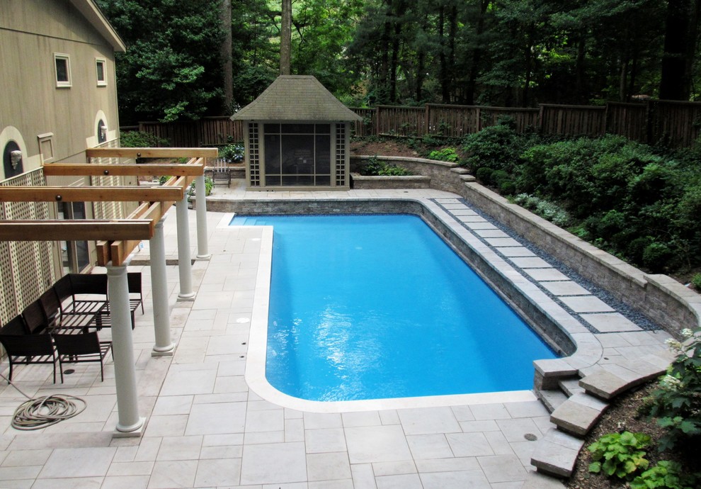 Stone Terraced Pool Deck, Patios, Fountains, Walls, Steps, Pergola, Before&After Transitional