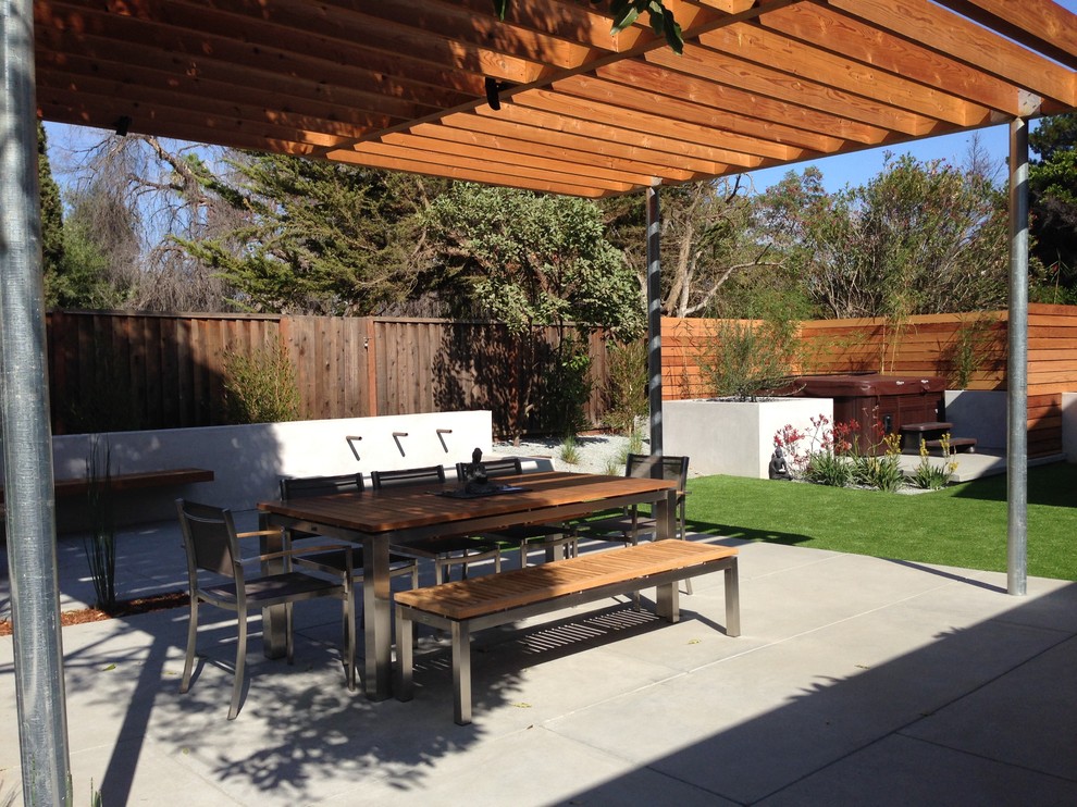 This is an example of a modern back patio in San Francisco with concrete slabs, a potted garden and a pergola.