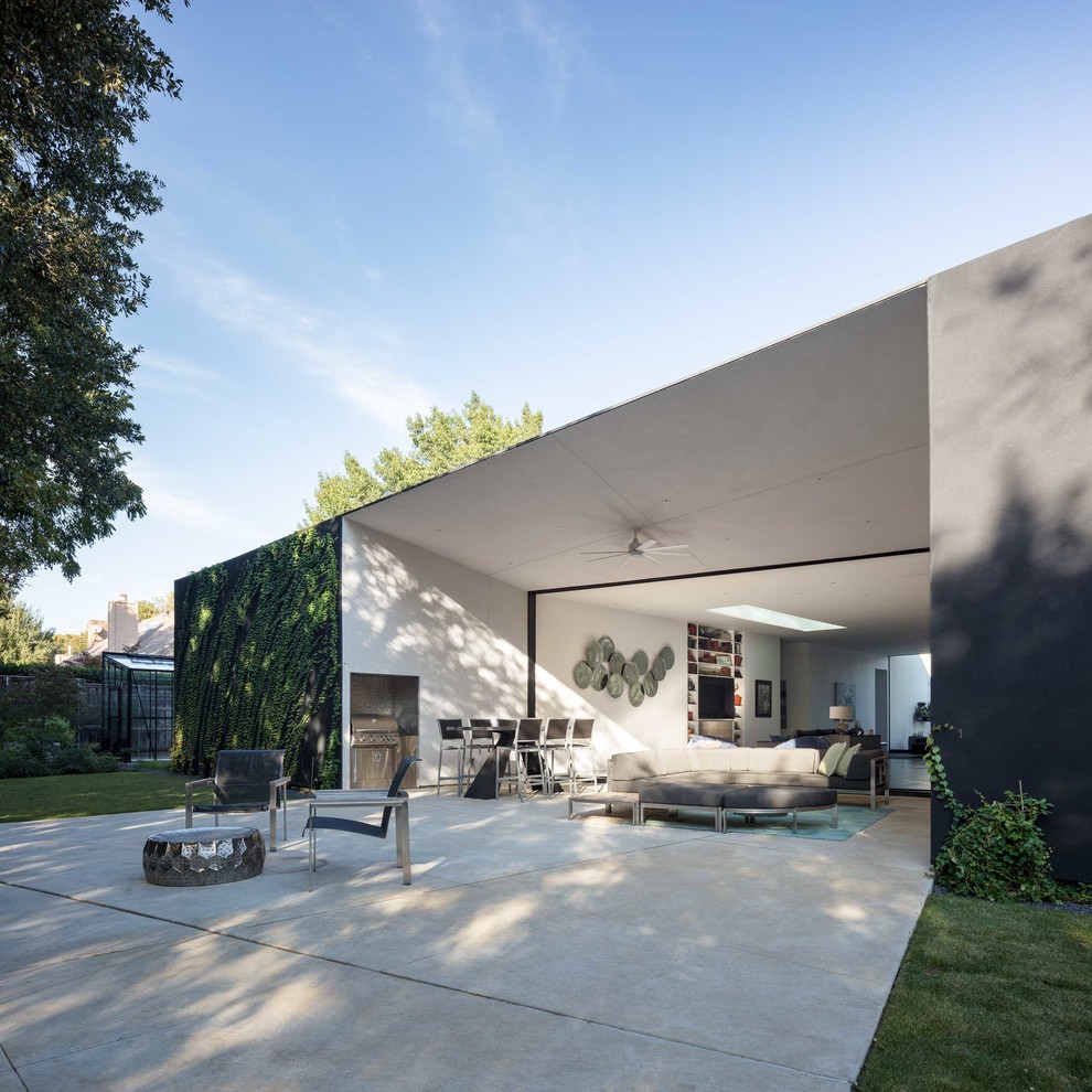 Idee per un patio o portico minimalista dietro casa con lastre di cemento e un tetto a sbalzo