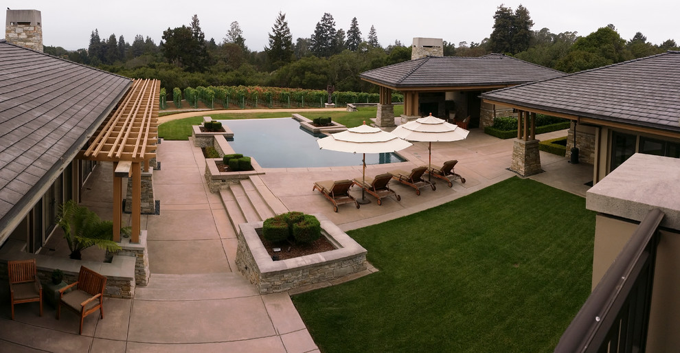 Immagine di un ampio patio o portico minimalista dietro casa con fontane, pavimentazioni in pietra naturale e un gazebo o capanno