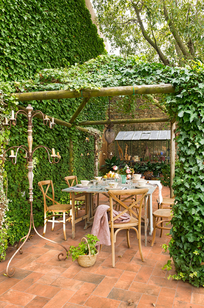 Réalisation d'un mur végétal de terrasse arrière champêtre de taille moyenne avec une pergola et du carrelage.
