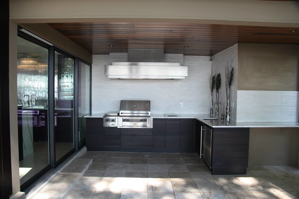 Patio kitchen - mid-sized contemporary backyard concrete paver patio kitchen idea in Orlando with a roof extension