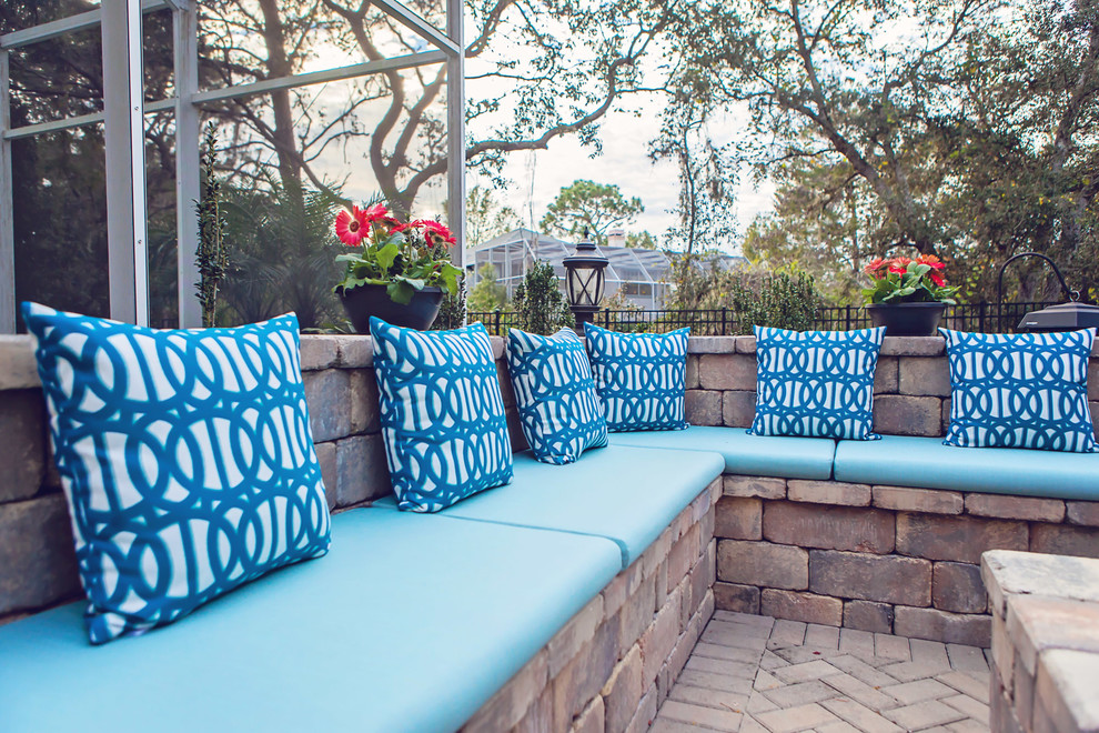 Sunbrella RAIN fire pit cushions and pillows add color pops to patio