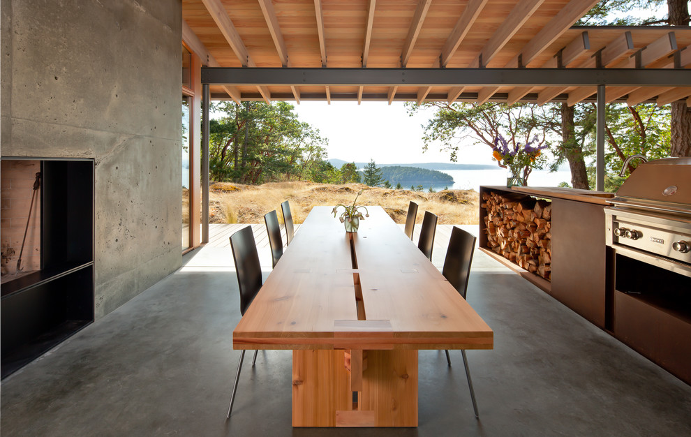 Идея дизайна: двор на заднем дворе в современном стиле с покрытием из бетонных плит, навесом и зоной барбекю