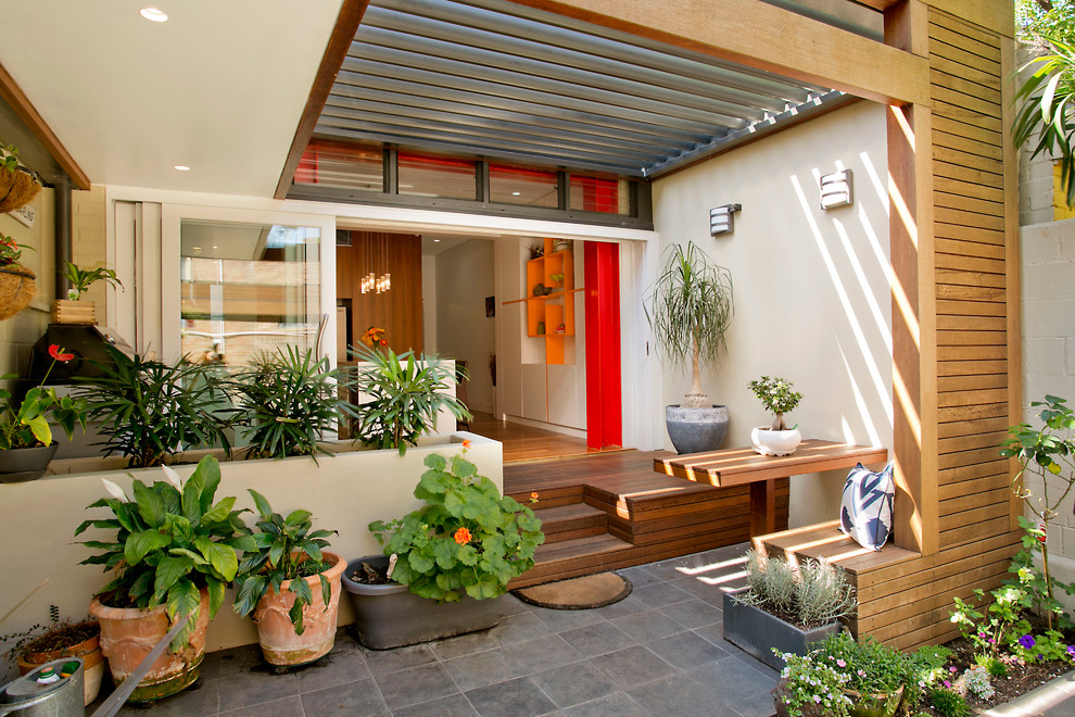 Medium sized contemporary back patio in Sydney with a pergola.